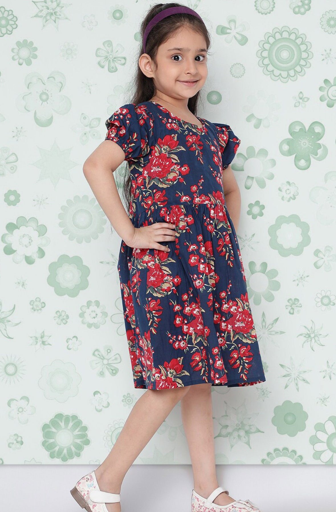 Girls Navy Blue Floral Printed Cotton A-Line Dress