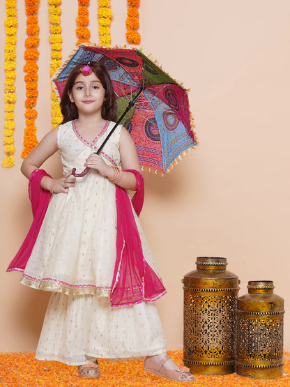 Girls Off white Booti Angrakha Gotta Patti Kurta & Sharara set With Dupatta