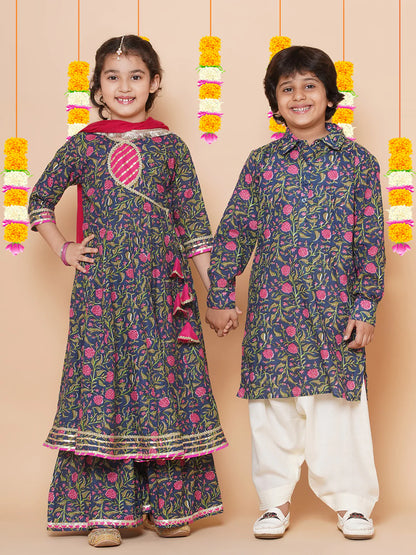 Girls Blue Floral Printed Angrakha Gotta Patti Kurta Sharara set With Dupatta