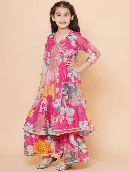 Girls Pink Floral Printed Angrakha Gotta Patti Kurta & Sharara set With Dupatta