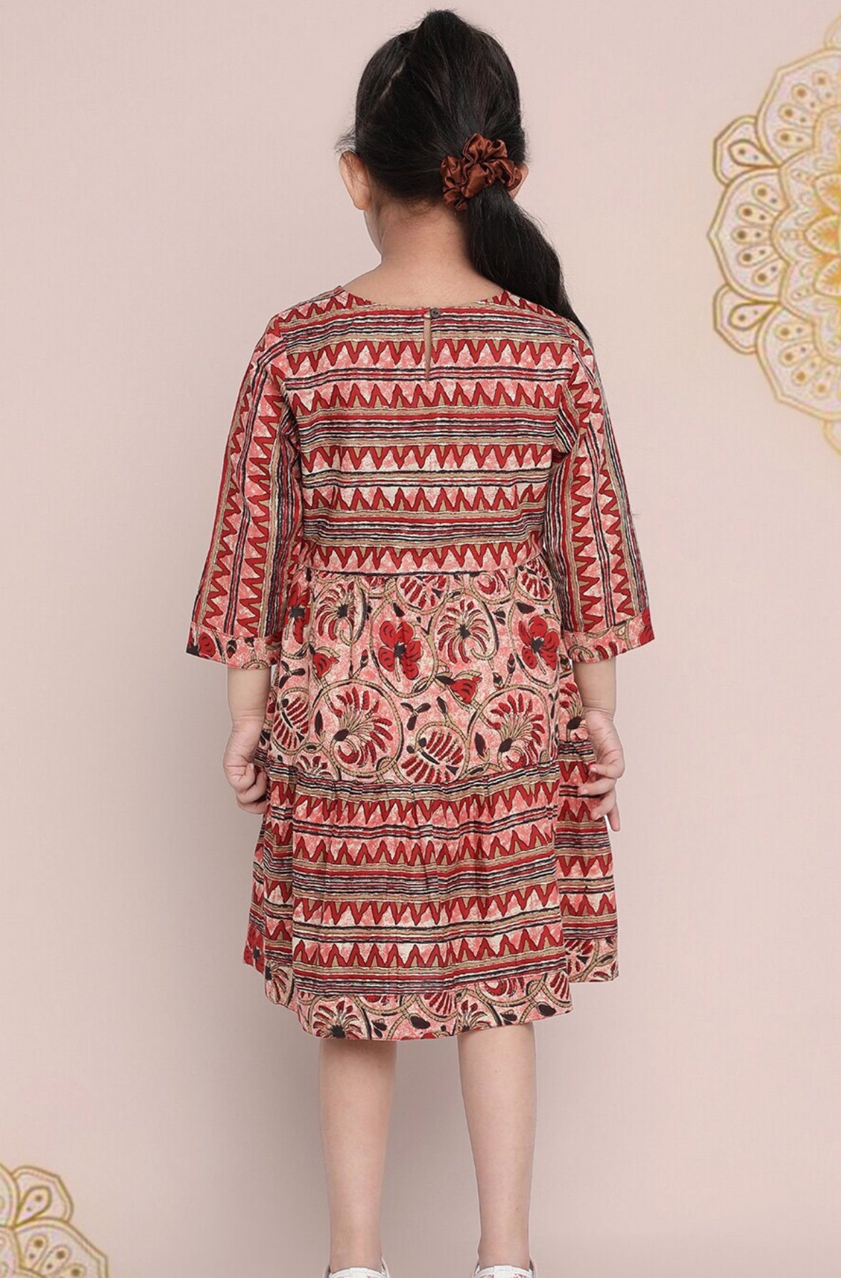 Girls Pink Ethnic Print Pure Cotton Fit & Flare Dress