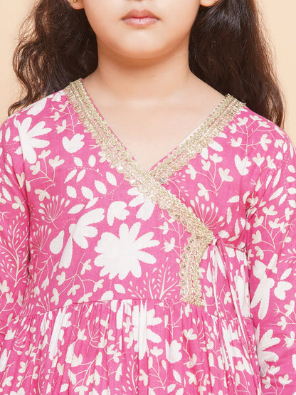 Girls Pink Printed Angrakha Tier Kurta with Sharara