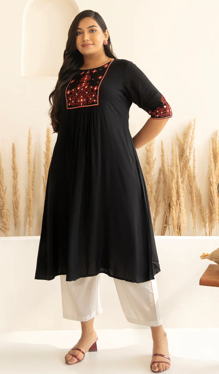 Plus Size Black Rayon Yoke Embroidered A-line kurta