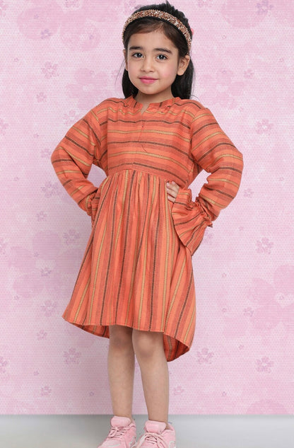 Girls Orange Striped Pure Cotton Fit & Flare Dress