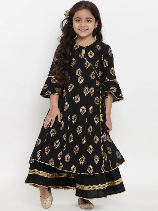 Girls Black Foil Printed Angrakha Kurta With Palazzos