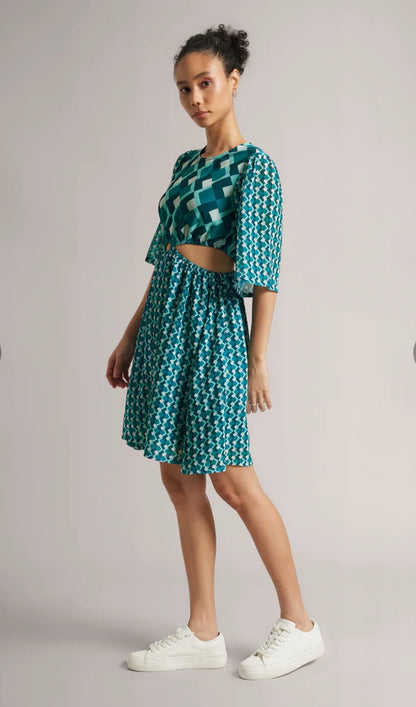 Teal Georgette Geometric Side Cut-Out Dress