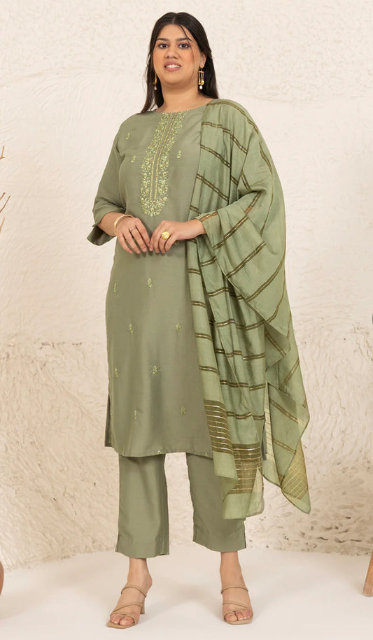 Olive Chinnon Embroidered Straight Kurta Set