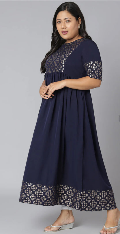 Plus Size Dark Blue Poly Crepe Foil Print Flared Kurta