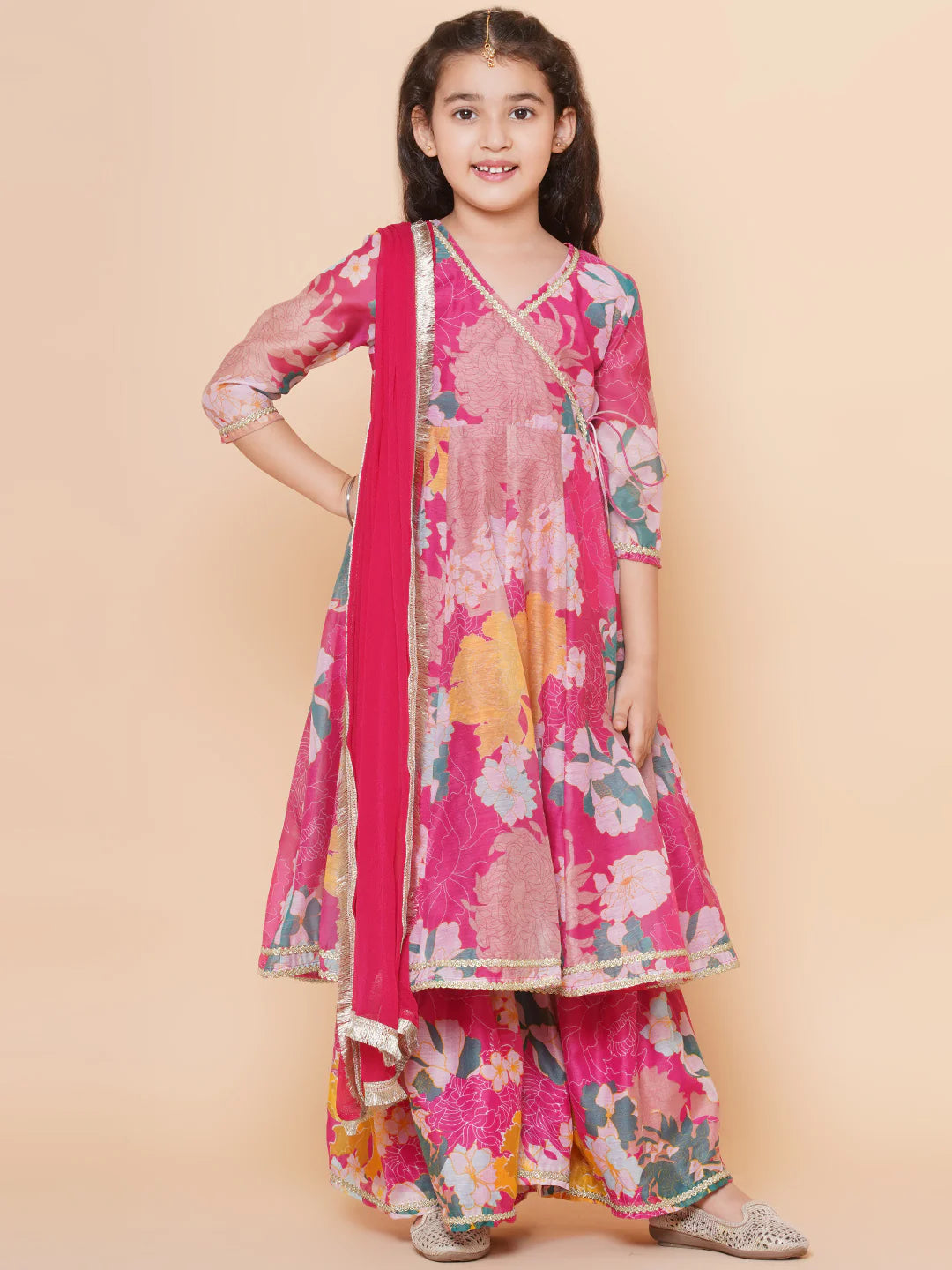 Girls Pink Floral Printed Angrakha Gotta Patti Kurta & Sharara set With Dupatta