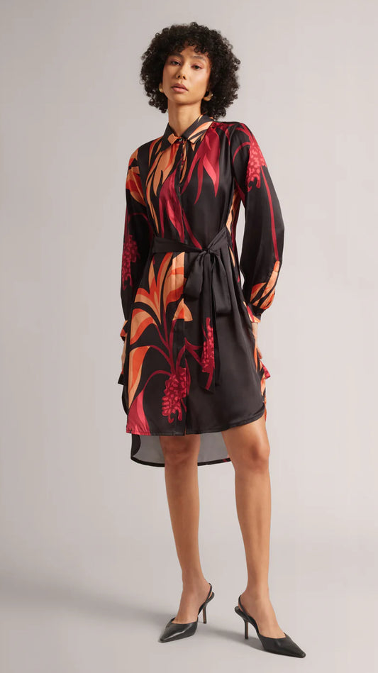 Black Satin Abstract Button Down Dress