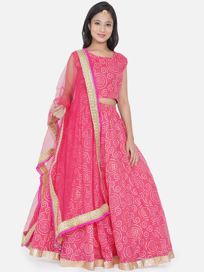 Girls Pink & White Printed Ready To Wear Lehenga & Blouse With Dupatta