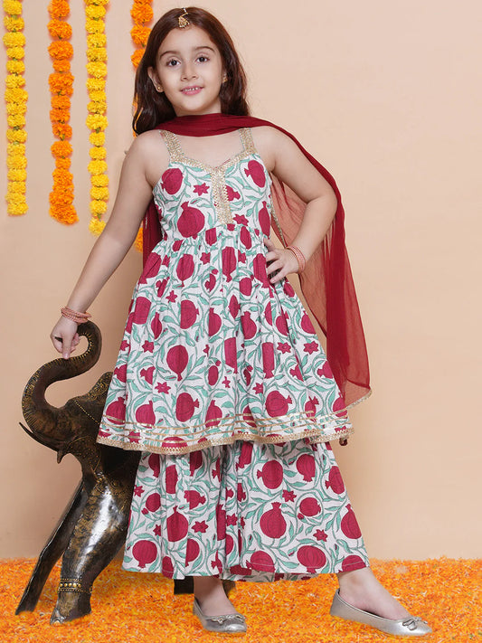 Girls Off White Red Printed Cotton Kurta With Sharara with Dupatta