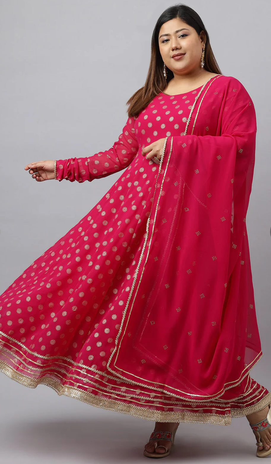 Bright Pink Georgette Foil Print Kurta with Dupatta