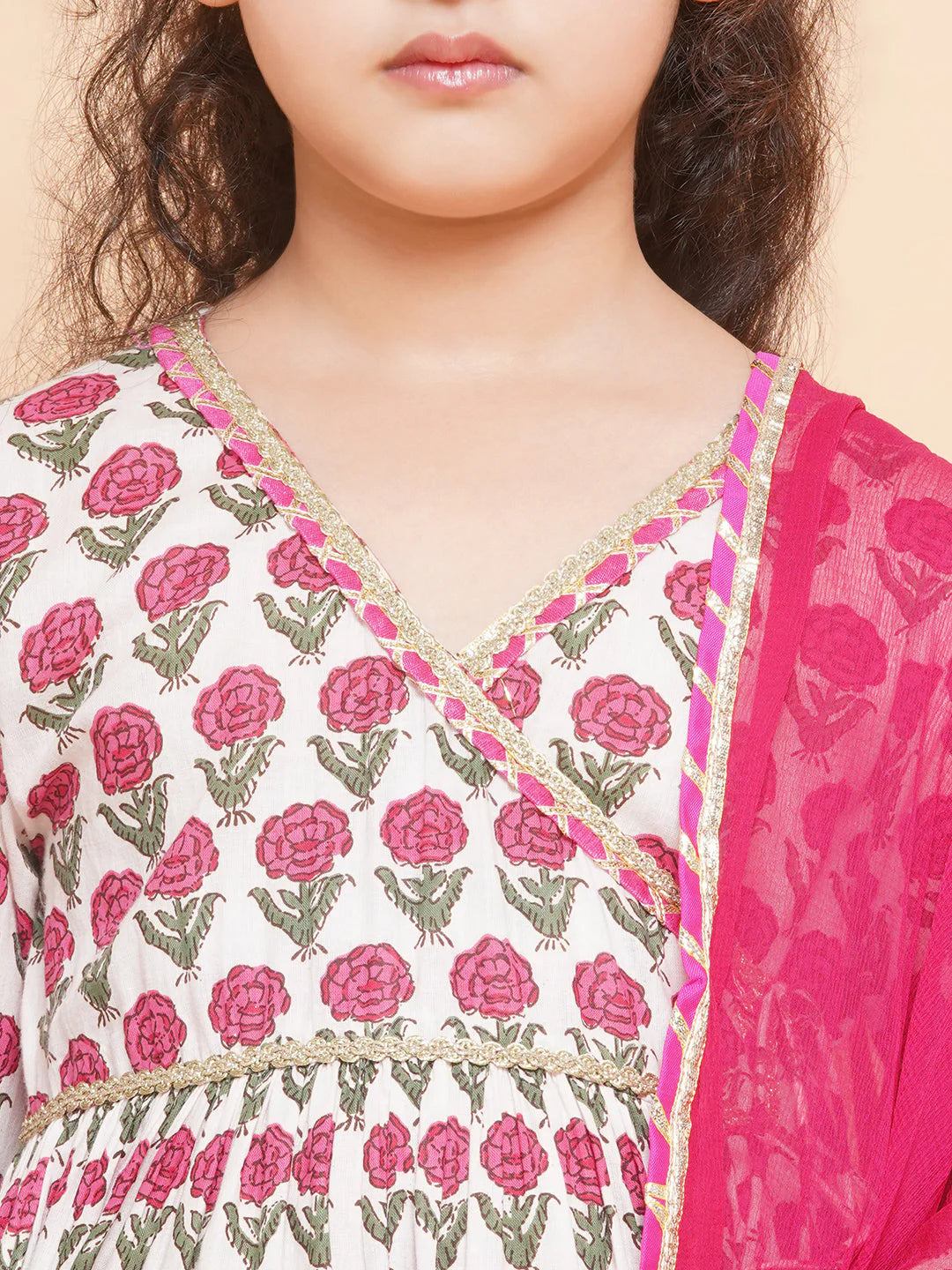 Girls Off-white Pink Printed Round- Neck Kurta with Plazzo with Dupatta