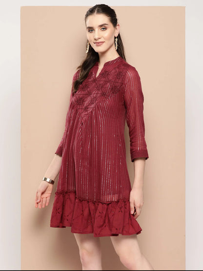 Maroon Embroidered A-line Dresses