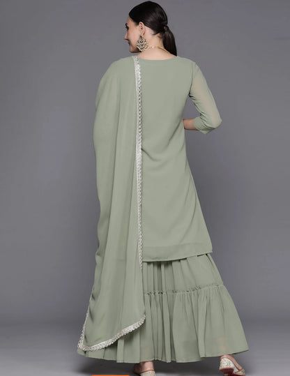 Sea Green Embroidered Straight Kurta Sharara With Dupatta Set