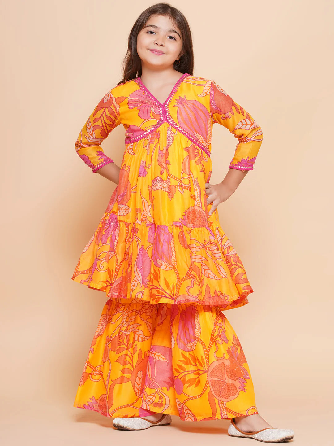 Girls Yellow Floral Printed Alia Design Kurta With Sharara