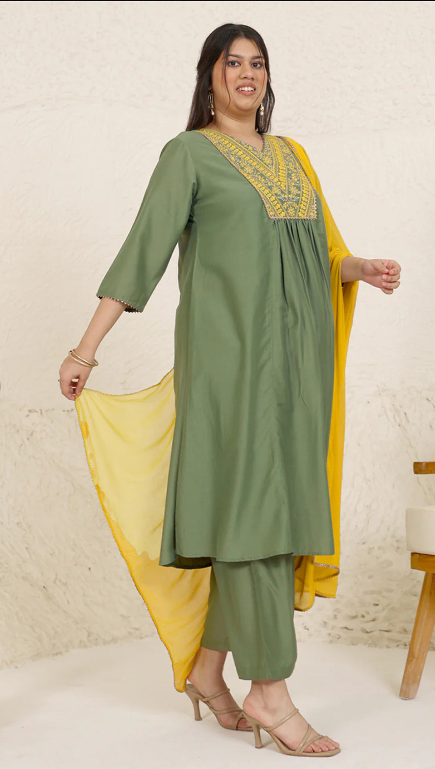 Olive Chinnon Yoke Embroidery Panelled Kurta Set