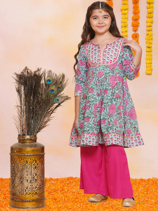 Girls Blue Pink Printed Anarkali Kurta & Palazzos