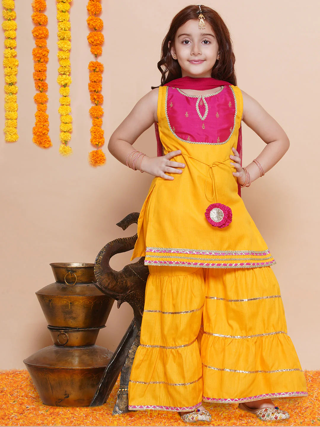 Girls Yellow Cotton Kurta with Sharara set with Dupatta