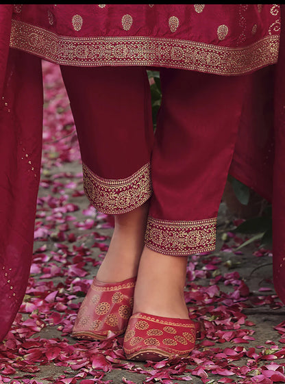 Burgundy Embroidered Straight Kurta Trousers With Dupatta Set