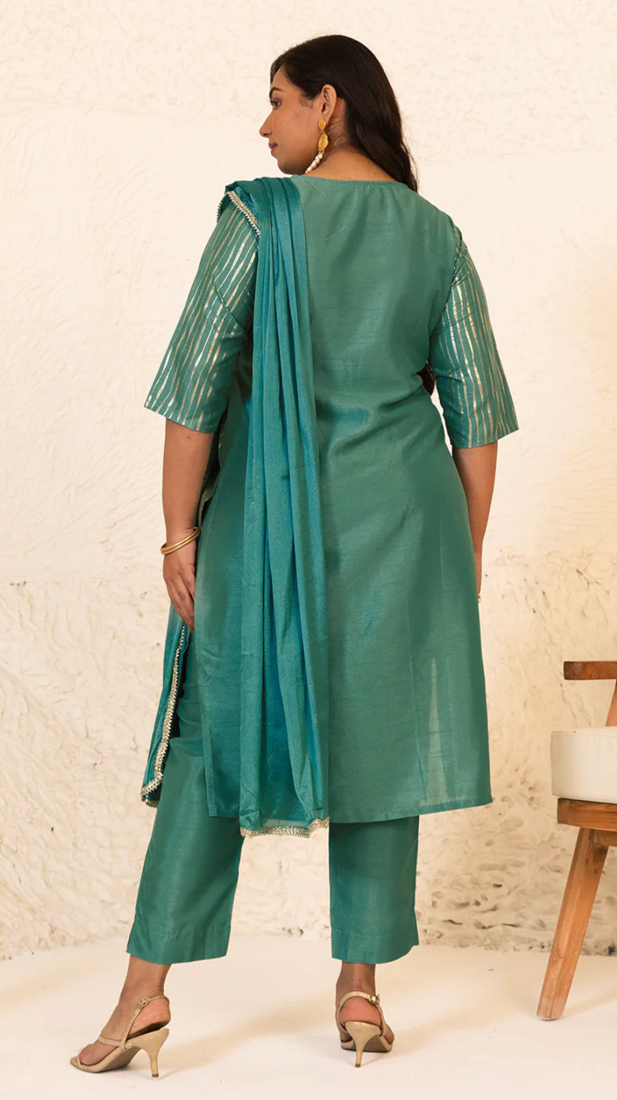 Plus Size Green Poly Silk Kurta With Pant and Dupatta