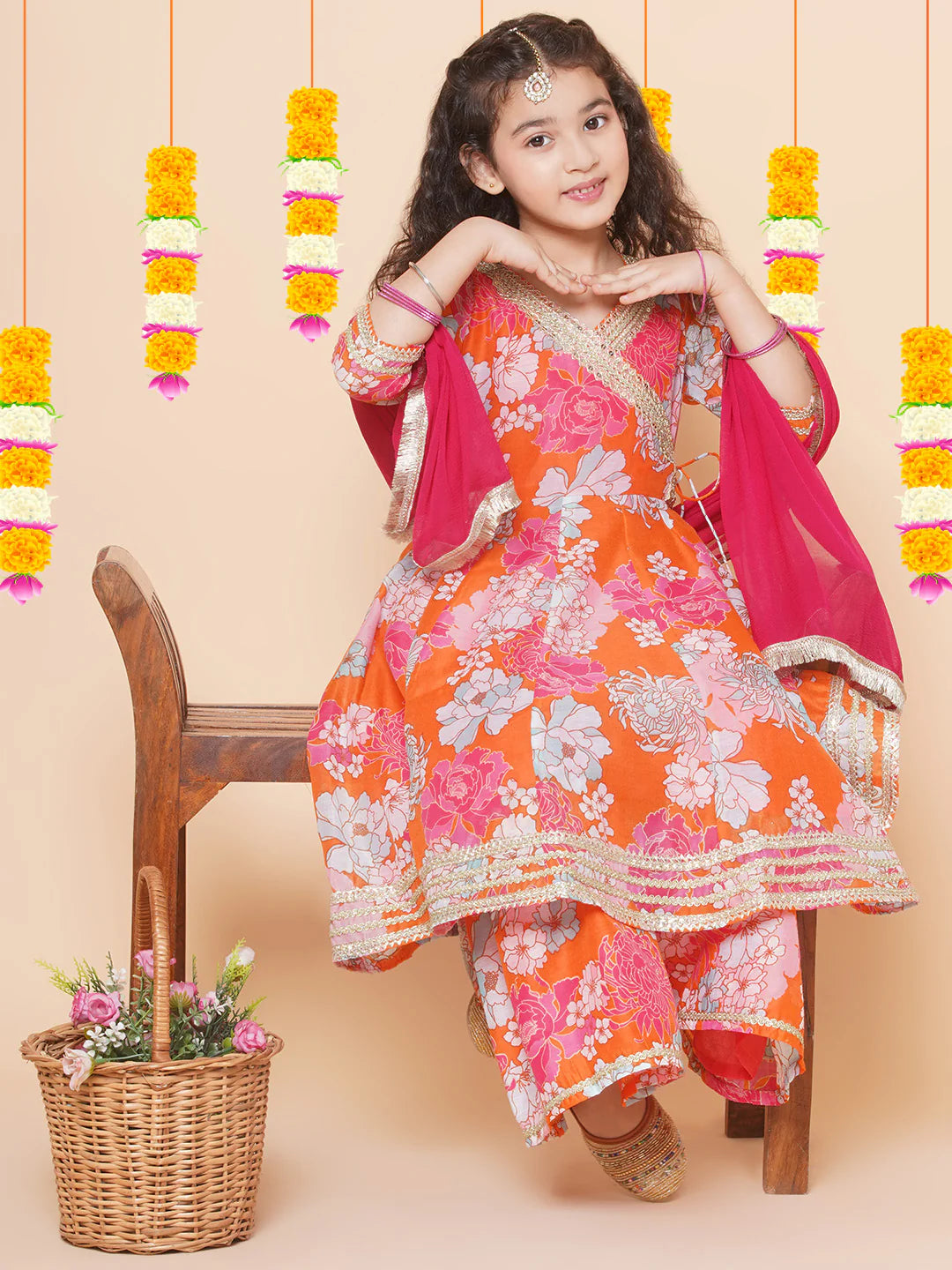 Girls Orange Multi Floral Printed Angrakha Gotta Patti Kurta & Sharara With Dupatta