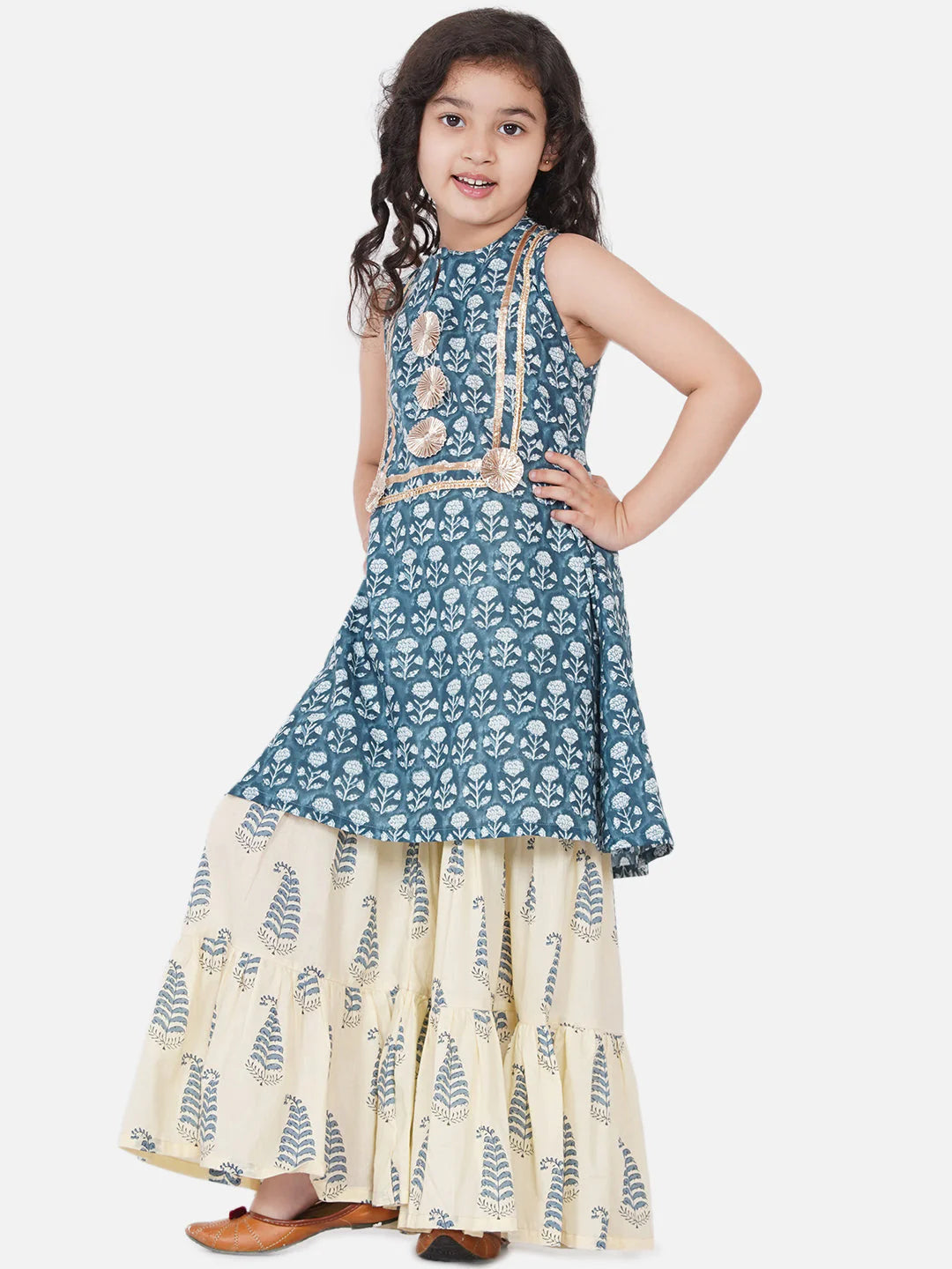 Girls Blue-Printed Kurta With Sharara