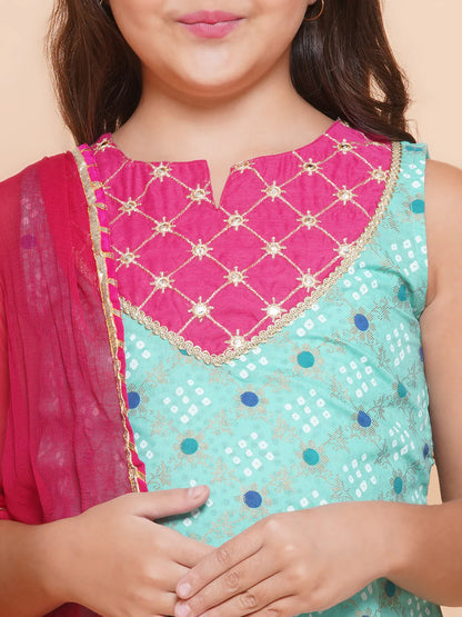 Girls Sea Green Gold Printed Kurta & Sharara With Dupatta