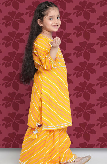 Girls Mustard Yellow Leheriya Printed Regular Gotta Patti Kurta With Sharara