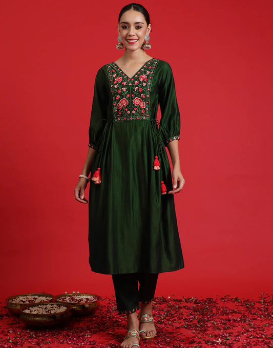 Green Embroidered A-Line Kurta Trousers Set