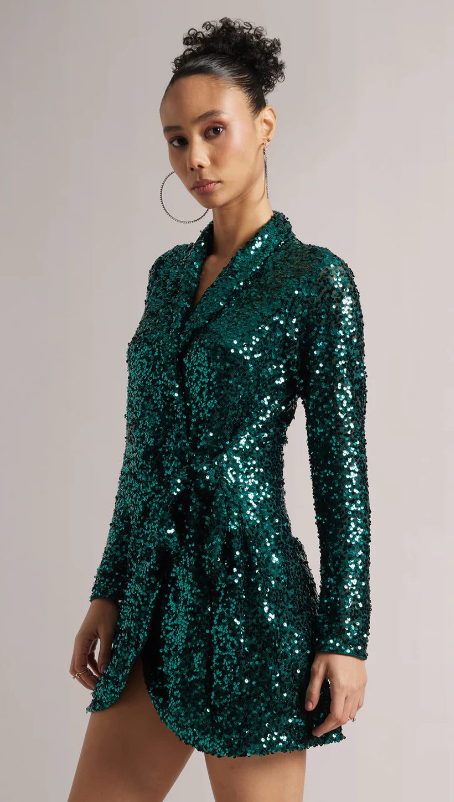 Green Poly Elastane Sequined Wrap Dress