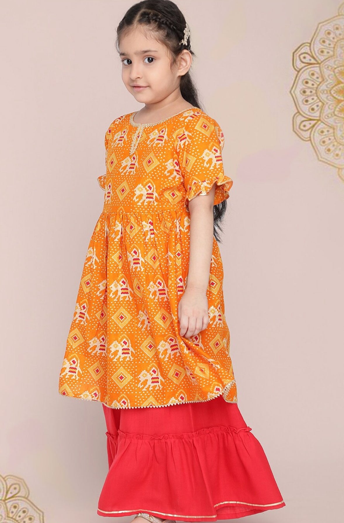 Girls Yellow Ethnic Motifs Printed Empire Gotta Patti Kurta With Sharara