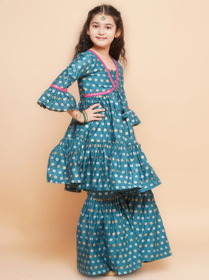 Girls Teal Blue Printed V-Neck Kurta with Sharara