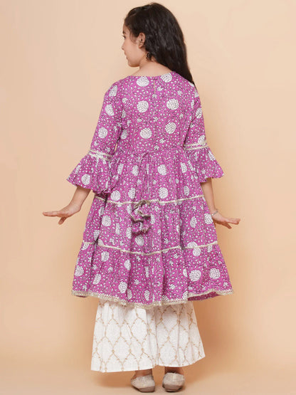 Girls Purple Printed Kurta with Sharara