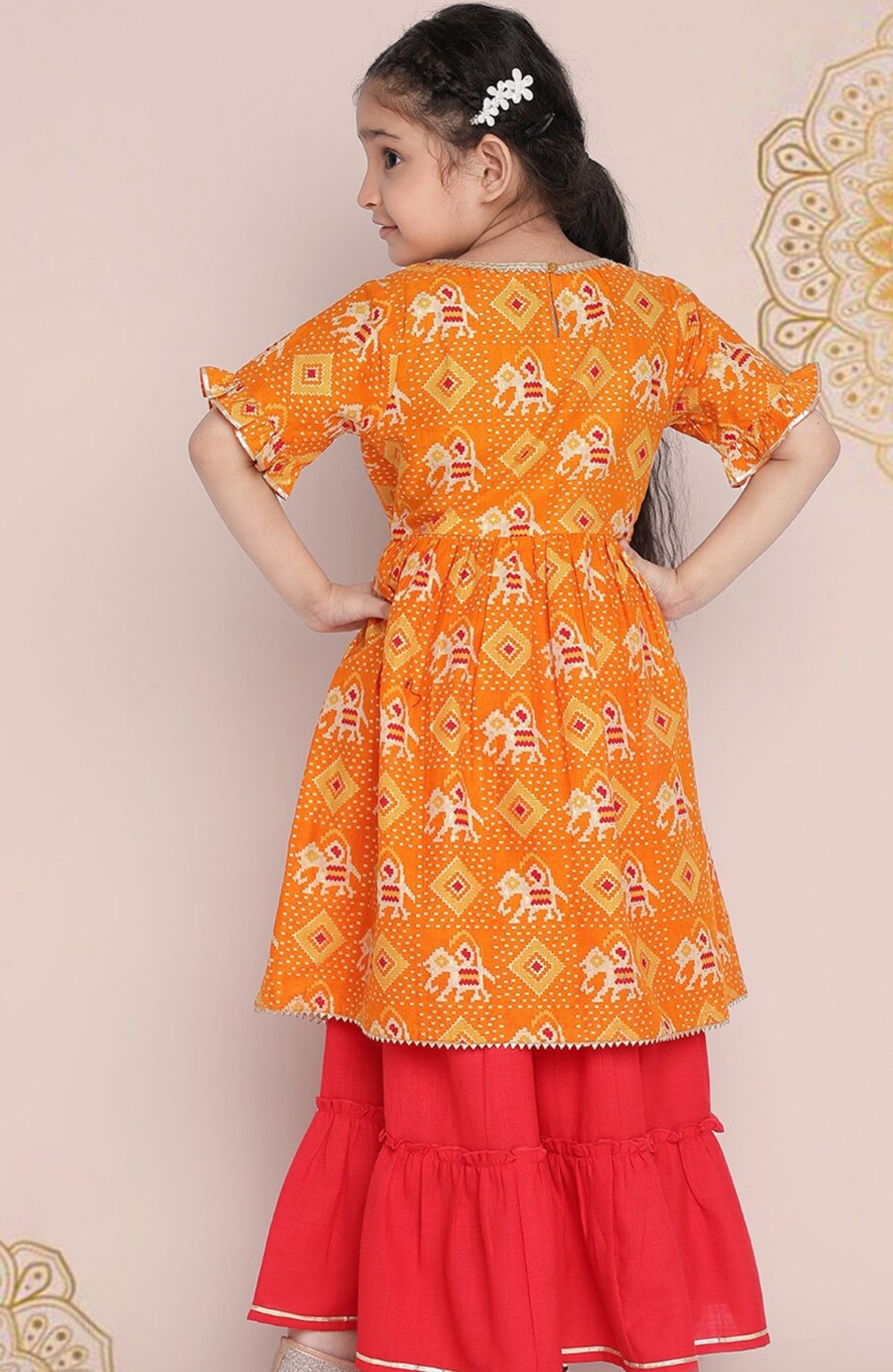 Girls Yellow Ethnic Motifs Printed Empire Gotta Patti Kurta With Sharara