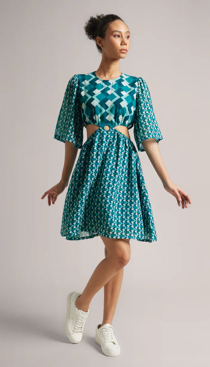 Teal Georgette Geometric Side Cut-Out Dress