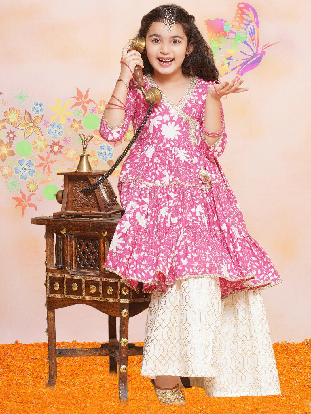 Girls Pink Printed Angrakha Tier Kurta with Sharara