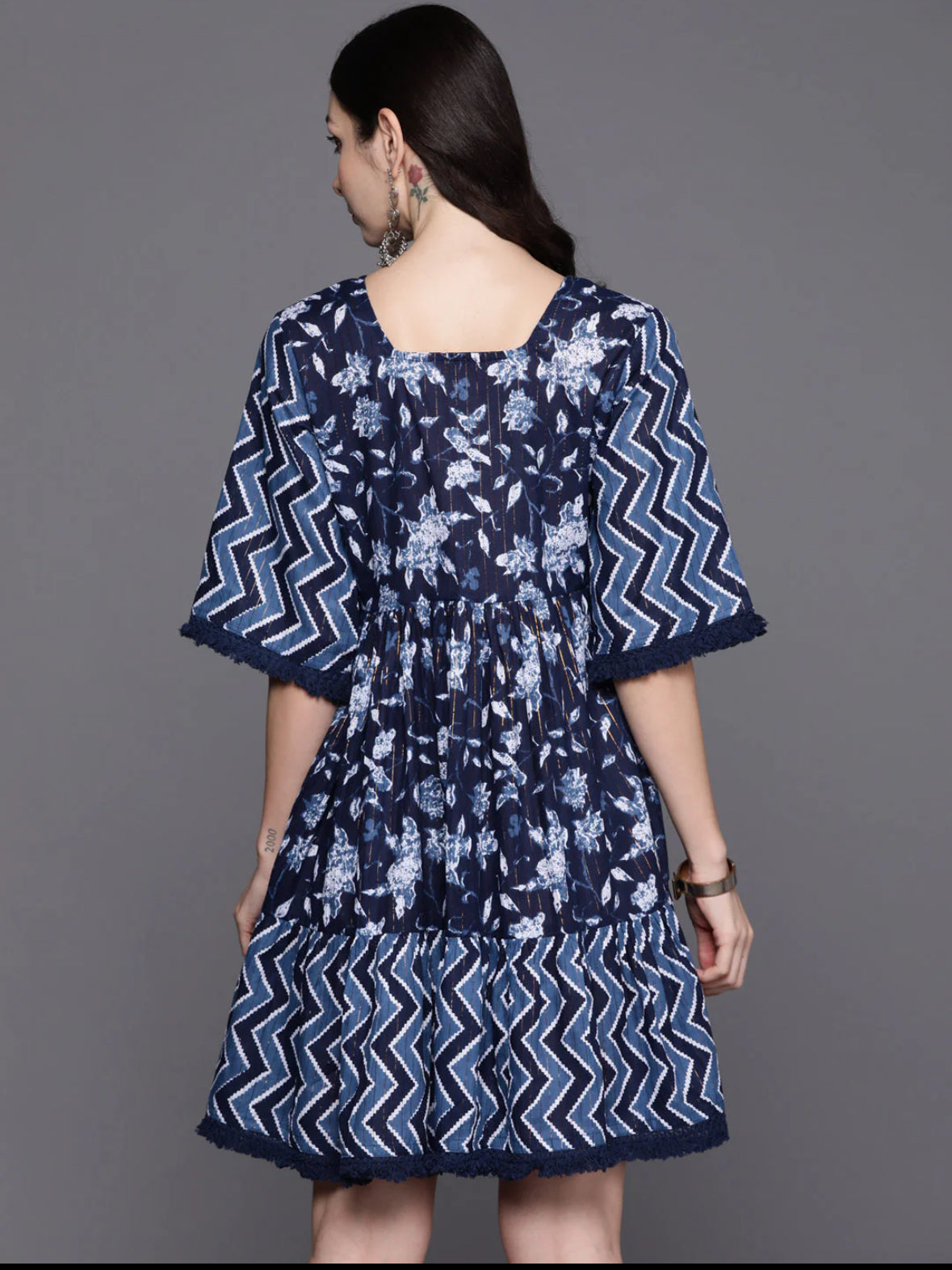 Blue Floral Print Tie-Up Neck Flared Sleeves A-Line Ethnic Dress