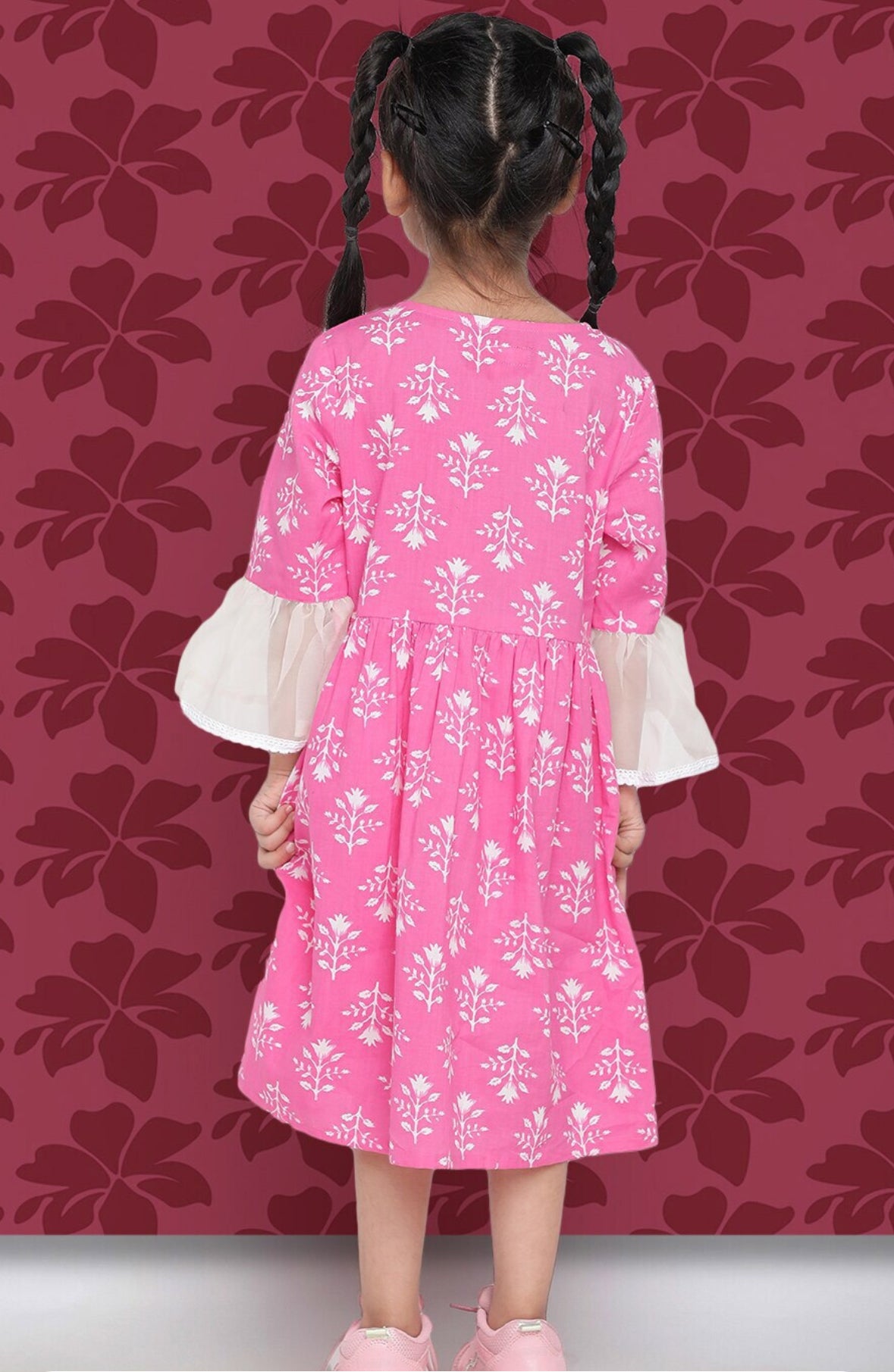 Girls Pink Floral Printed Bell Sleeve Cotton A-Line Dress