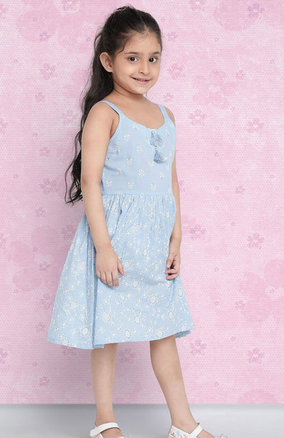 Girls Blue Floral Printed Cotton A-Line Dress