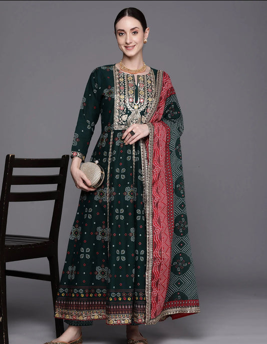 Era Green Printed Anarkali Kurta Trousers With Dupatta Set