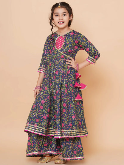 Girls Blue Floral Printed Angrakha Gotta Patti Kurta Sharara set With Dupatta