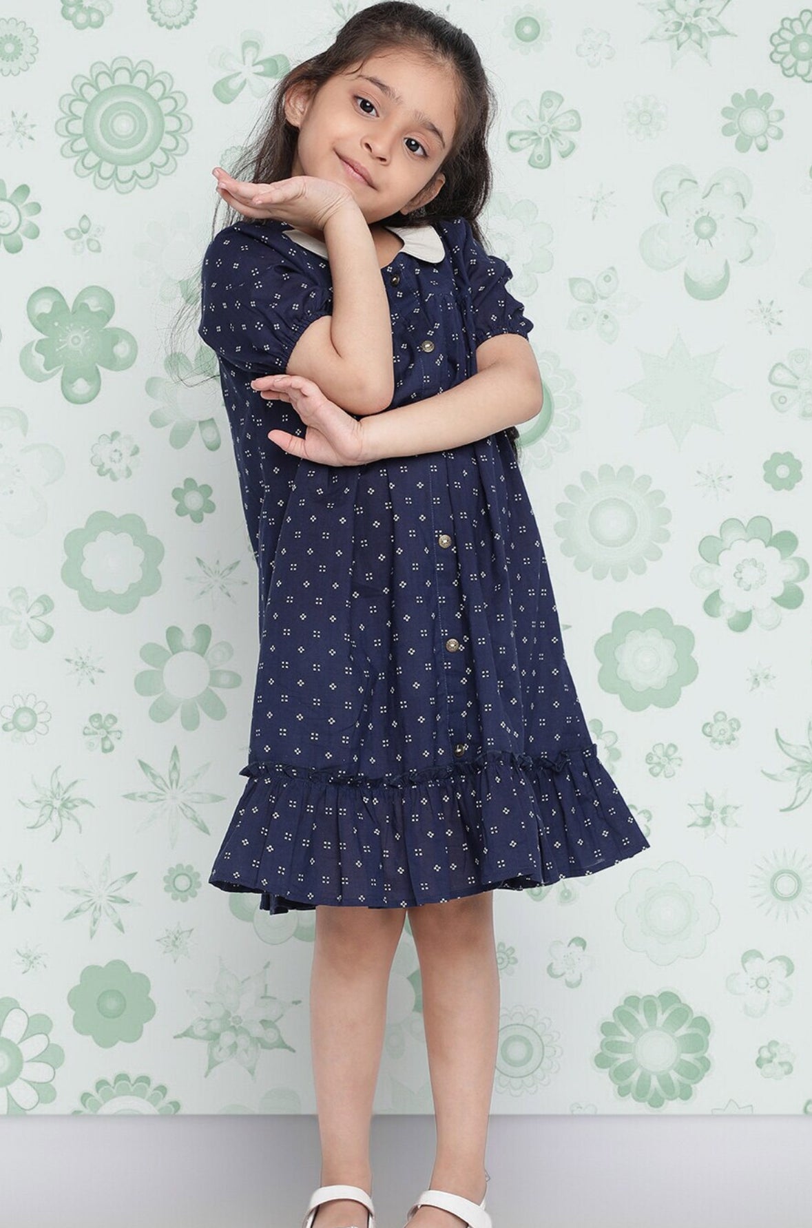 Girls Navy Blue Polka Dot Printed Cotton Ruffled Drop-Waist Dress