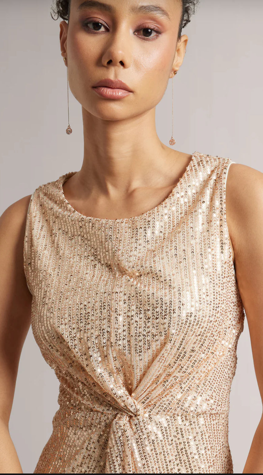 Champagne Poly Elastane Sequined A-Line Dress