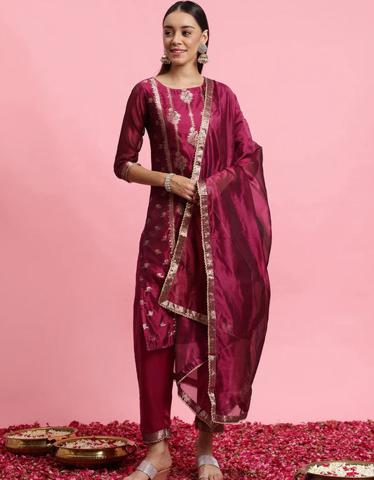 Wine Woven Design Straight Kurta Trousers With Dupatta Set