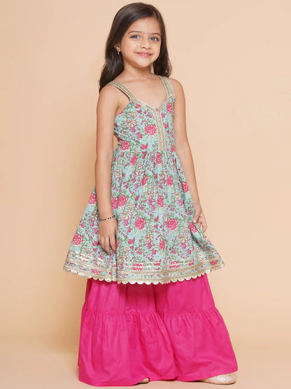 Girls Blue Floral Printed Cotton Kurta With Sharara with Dupatta