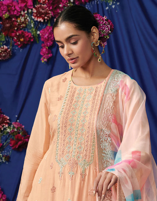 Peach Embroidered Straight Kurta Trousers With Dupatta Set