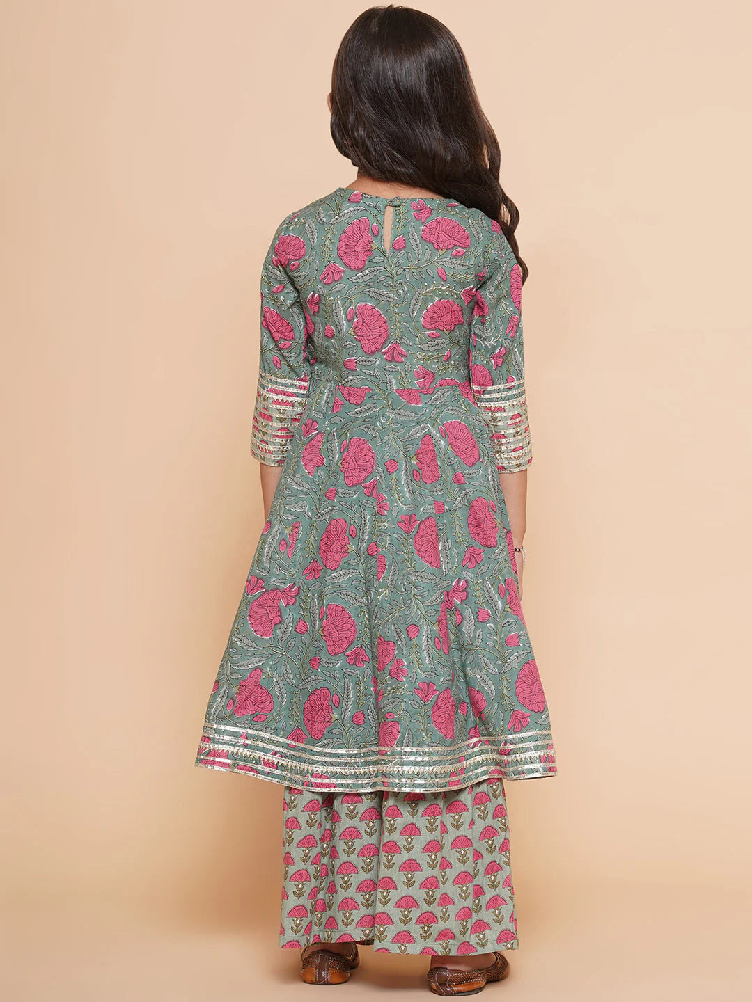 Girls Green Printed Round neck Kurta with Sharara