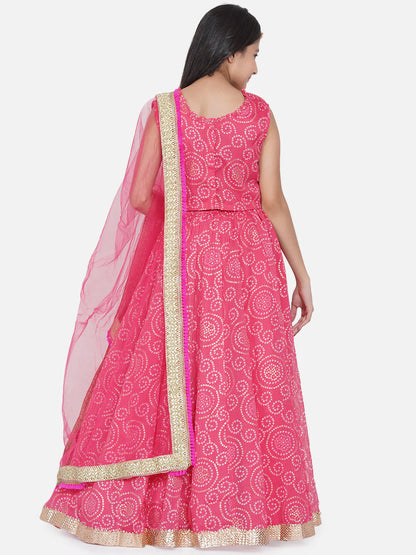 Girls Pink & White Printed Ready To Wear Lehenga & Blouse With Dupatta